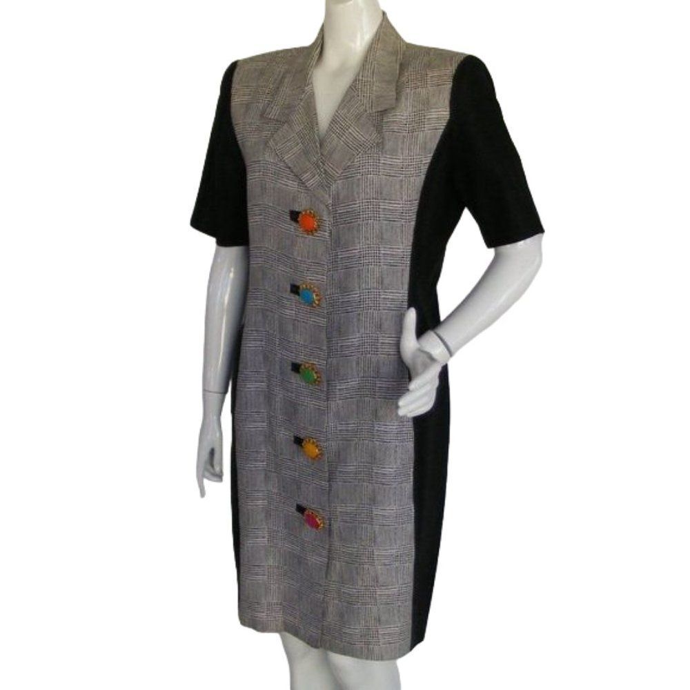 RICKIE FREEMAN/Teri Jon Dress, L, Houndstooth, Colorful Buttons,Black/Gray plaid - Picture 3 of 11